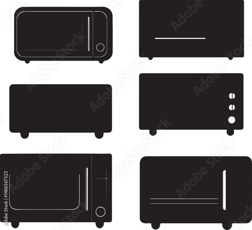 Black Silhouette Kitchen Appliances Set: Microwave, Toaster, Oven
