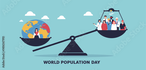 Over Population vector illustration with globe, earth and group of colorful diverse people - World Population Day