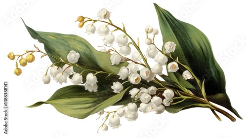 Vintage botanical Lily of the Valley drawing, elegant details, transparent PNG format
