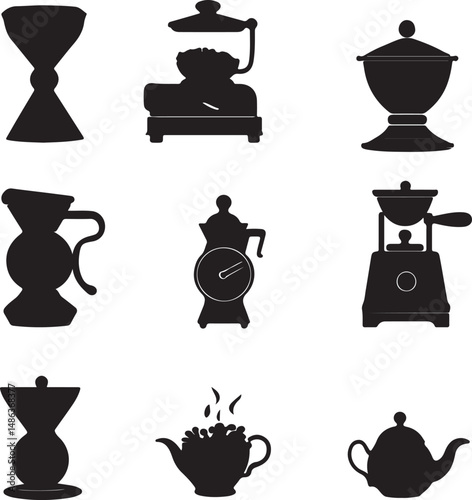 Coffee Brewing Equipment Silhouettes: Minimalist Black & White Design