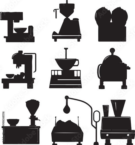 Coffee Machines Silhouettes: Brewing Equipment Icons, Black & White