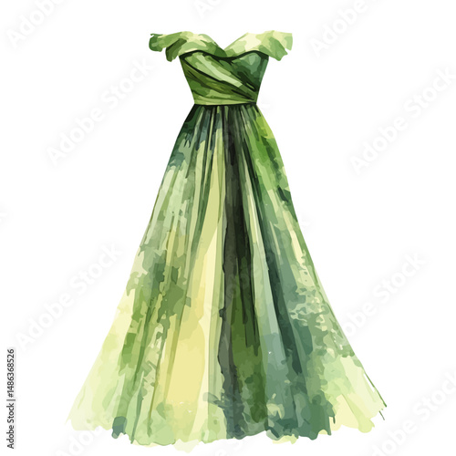 Maxi Dress With An Off-shoulder Neckline, watercolor illustration vector, high quality, isolated on a white background.