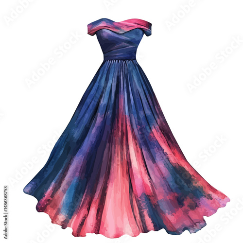 Maxi Dress With An Off-shoulder Neckline, watercolor illustration vector, high quality, isolated on a white background.