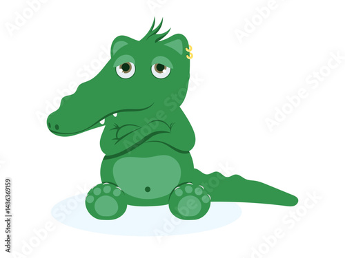 Sad cartoon green crocodile sitting with arms crossed, vector illustration