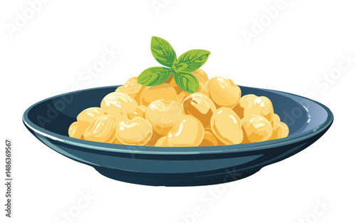 Bowl of Gnocchi with Basil Leaves - Vector Illustration