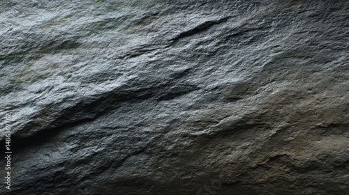 A dramatically lit rough stone surface presents a close-up textured view with gradients of grey and brown, showcasing rugged formations and natural details.