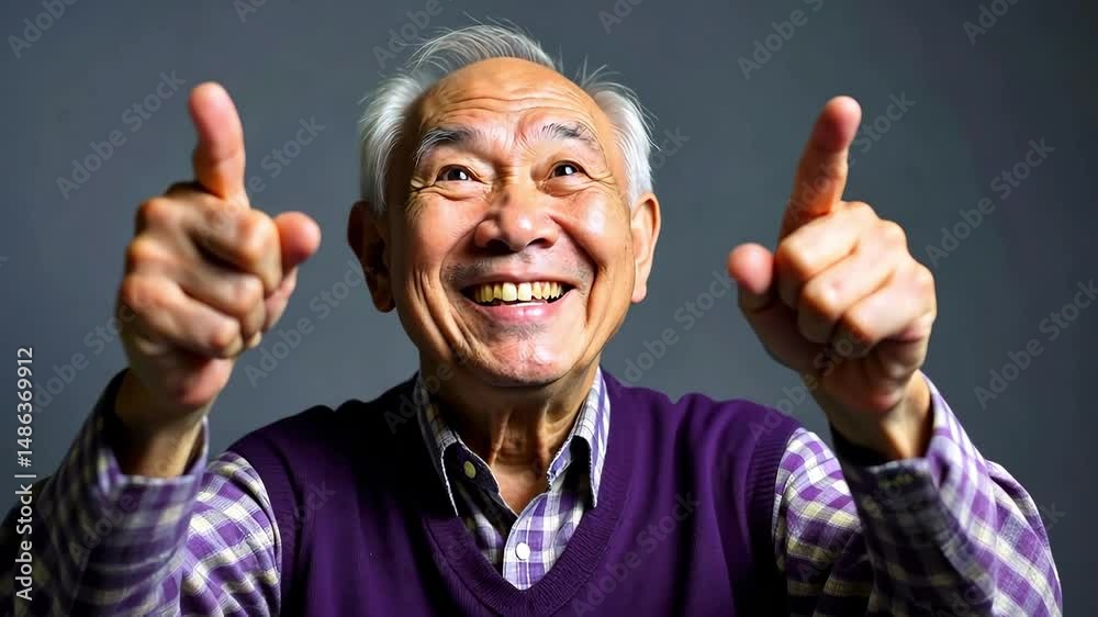 Smiling senior man in checkered shirt joyfully pointing up with index fingers while raising hands up against studio background