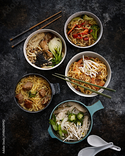 Asian noodle bowls, ramen soup