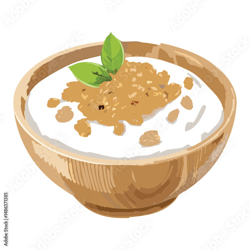 Greek Yogurt and Oatmeal on Wooden Bowl - Vector Illustration