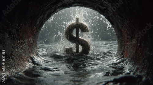A dollar sign is seen in a dark, wet tunnel with water splashing, symbolizing money going down the drain.