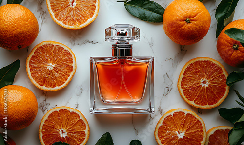 A beautifully arranged perfume bottle surrounded by fresh orange slices and green leaves on a marble background