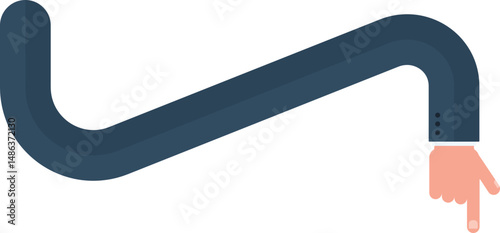 Curved and diagonal graphic line, in the shape of a hand of a businessman pointing with index finger, to direct information in design