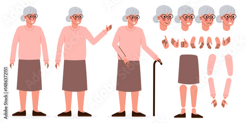 Casual elderly woman character constructor for animation. Flat style vector illustration isolated on white background.