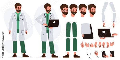 Male doctor, medical worker, therapist in hospital. Character constructor for animation. Body parts, postures, poses collection.