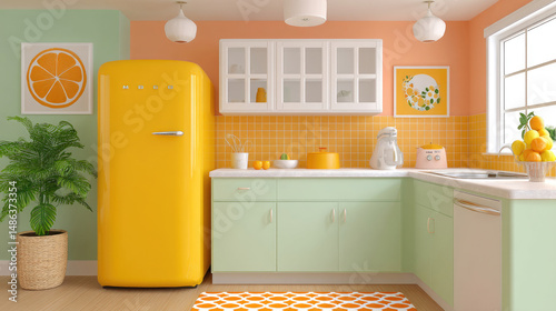 Colorful retro kitchen with a yellow fridge, green cabinets, and orange accents