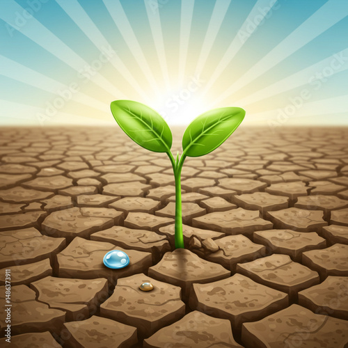 Resilient Green Sprout: Hopeful growth in cracked soil under radiant sunlight