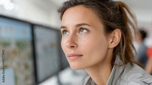 Wallpaper Mural Woman Contemplating with the Monitors: A focused woman gazes thoughtfully upward, her expression a blend of concentration and introspection, set against the backdrop of computer monitors.  Torontodigital.ca