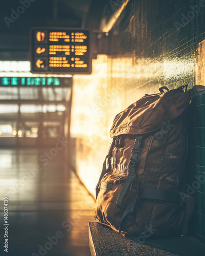 A backpack leans against a wall, awaiting departure at a station with schedule display