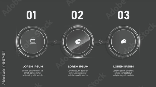 Modern 3D Glass Effect Business Infographic Template with 3 Step Circular Timeline and Icon Elements