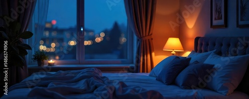 Serene night scene featuring a cozy bedroom with soft lighting, plush pillows, and a comfortable bed, perfect for peaceful sleep and relaxation , serene, comforting