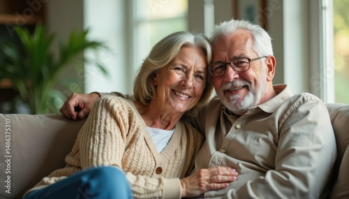Smiling senior couple enjoying retirement together at home, cuddling on sofa , leisure, relaxation, aging gracefully