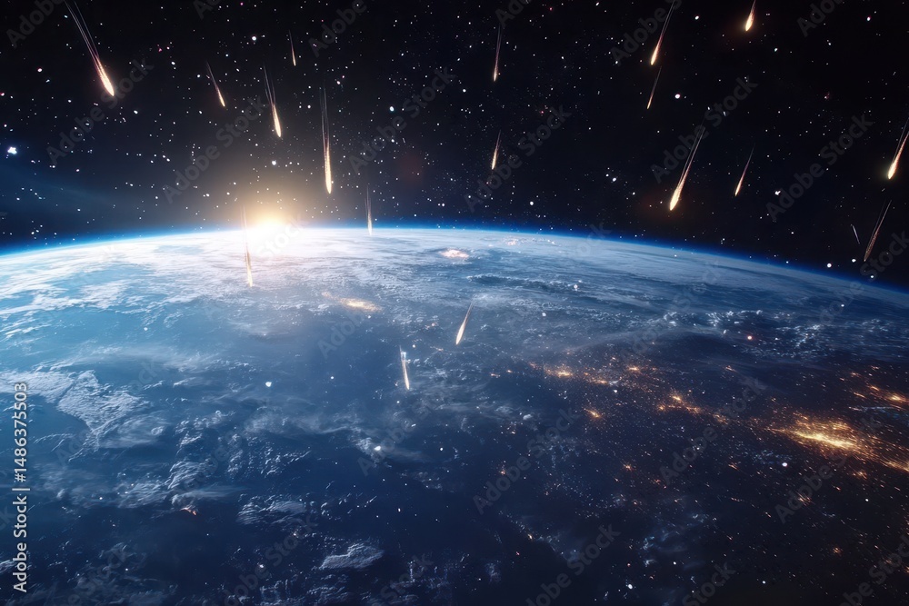 Obraz premium Earth illuminated by falling stars as seen from space at dawn, Earth view from space with falling stars Photo in background