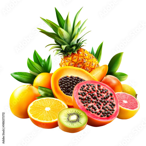 Fototapeta Naklejka Na Ścianę i Meble -  Abundance of fresh assorted tropical fruits arrangement, cut out transparent