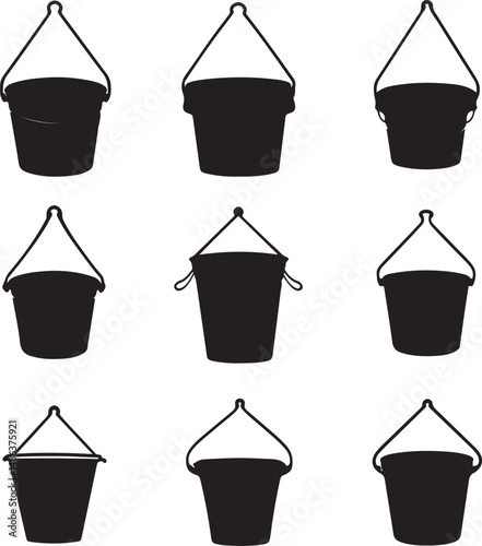 Nine Black Bucket Silhouettes with Handles in Various Styles