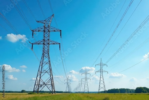 Tall transmission towers against a blue sky, showcasing electrical power infrastructure , transmission, clouds, electrical tower