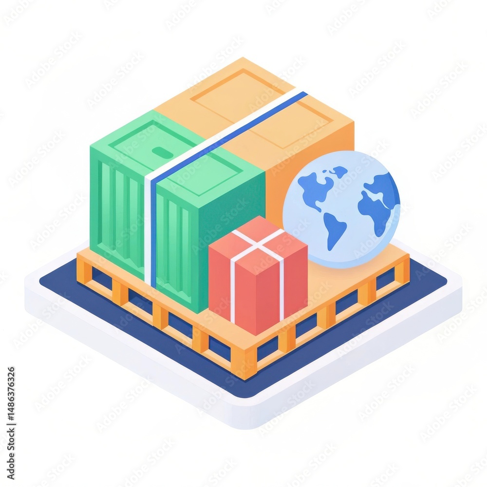 Fototapeta premium Illustration of shipping containers and a globe on a pallet, representing global logistics