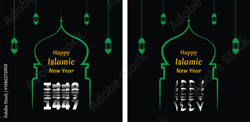Happy Islamic New Hijri Year 1447 with Arabic number, green mosque and lantern silhouette on black background. Passing from 1446 into New Hijri Year 1447 Flip Text Effect.