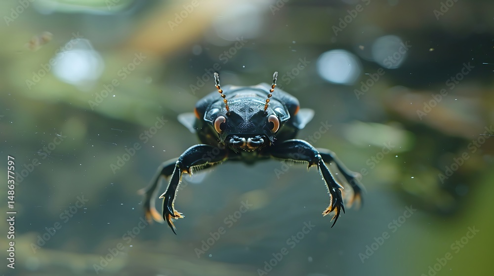 Fototapeta premium Close up of a great diving beetle underwater in its natural habitat
