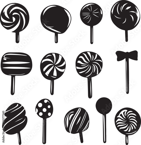 Black and White Lollipop Silhouettes: Candy Treats Vector Illustration