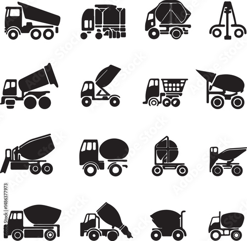 Construction Truck Icons: Black Silhouette Vector Illustrations
