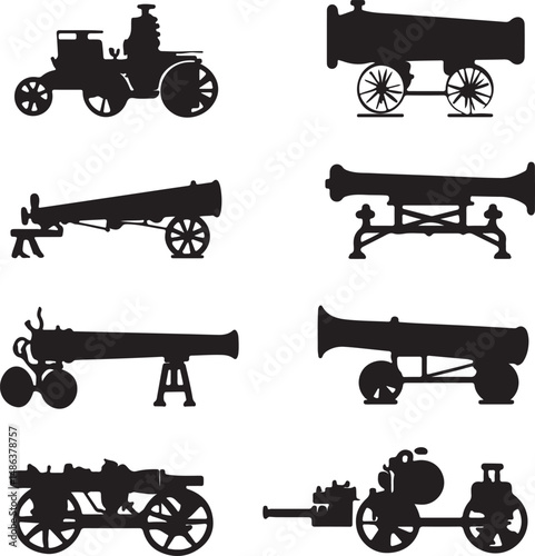 Silhouettes of Antique Cannons and Artillery on White Background
