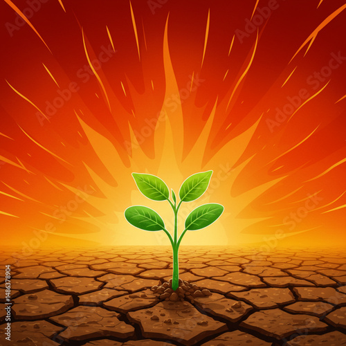 Fiery Resilience: Young plant thriving amidst a dramatic sunset in cracked earth