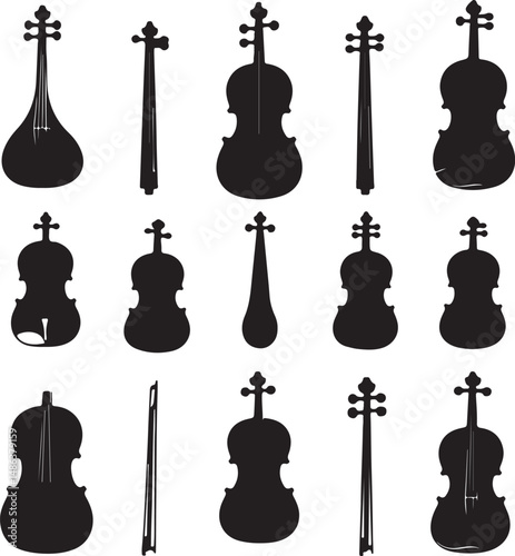 Black Silhouette String Instruments: Violins, Bows, and More