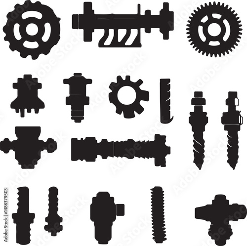 Silhouette Mechanical Gears and Machine Parts Vector Illustration