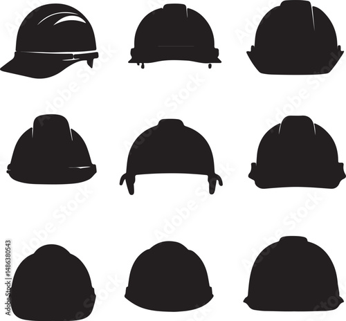 Silhouette Collection of Construction Hard Hats in Black and White