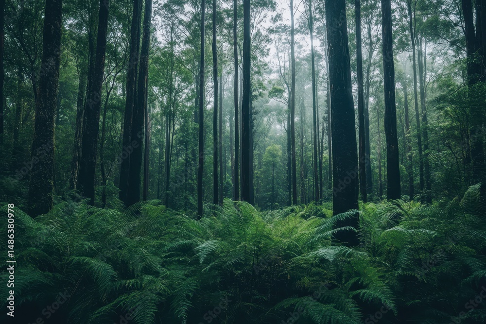 Obraz premium Dense rainforest of Tasmania showcases lush green ferns and towering trees in early morning mist, Dense rainforest of Australia Tasmania wild nature landscape