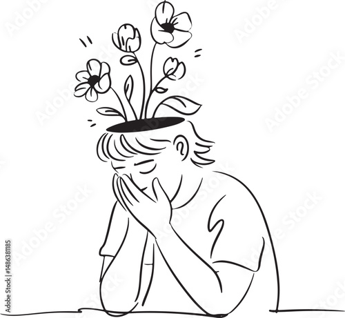 Minimalist line art of a person with flowers growing from head, symbolizing mental health, healing, and personal growth in black and white

