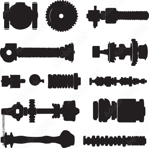 Silhouette of Mechanical Parts: Gears, Screws, and Industrial Designs