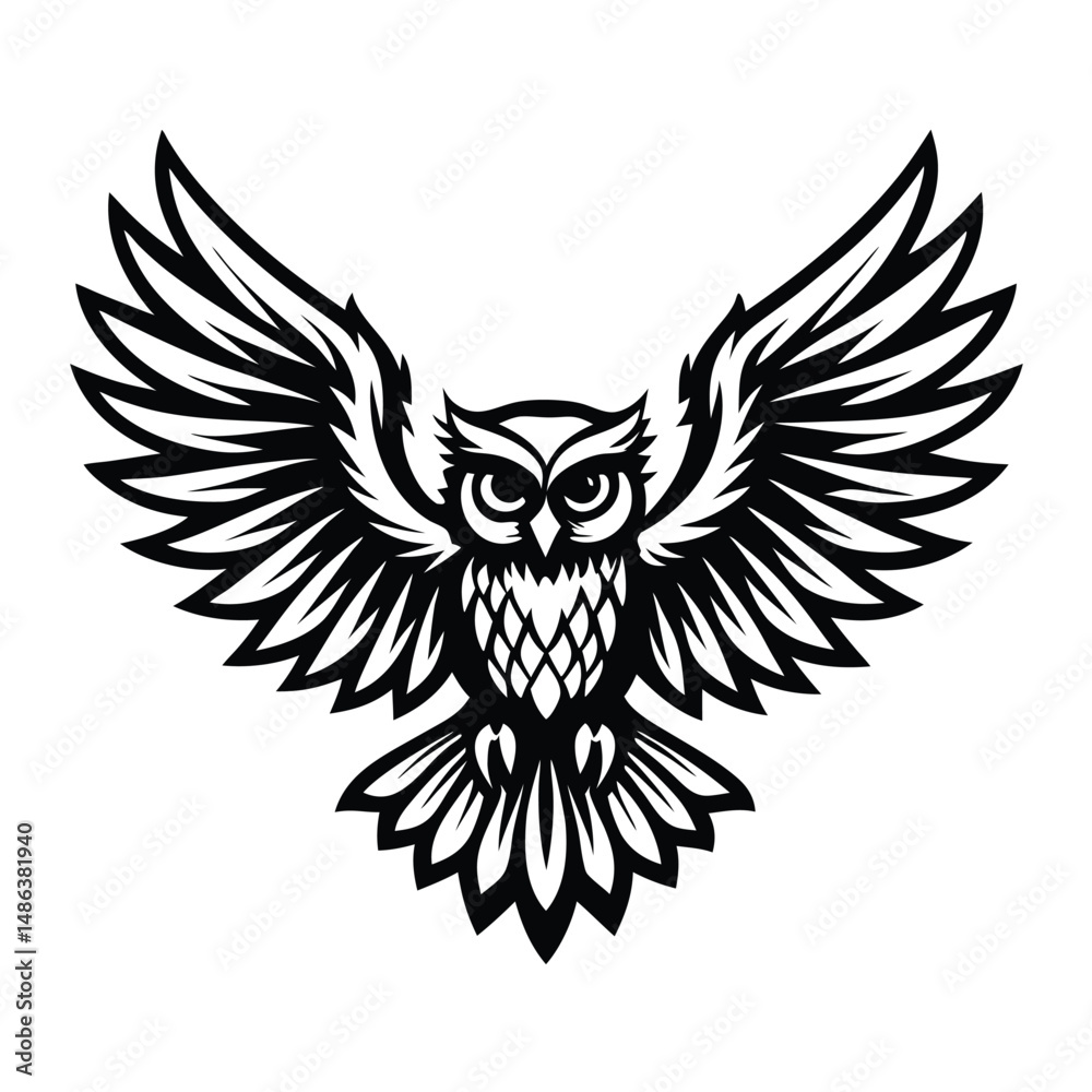Obraz premium Stylized Owl with Open Wings, Bird Silhouette Illustration, Wildlife Icon, Black on White