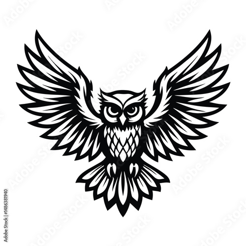 Stylized Owl with Open Wings, Bird Silhouette Illustration, Wildlife Icon, Black on White