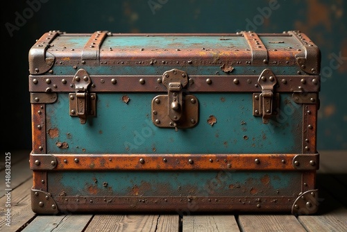 Heavily scratched metal steamer trunk, faded paint, distressed, journey, worn