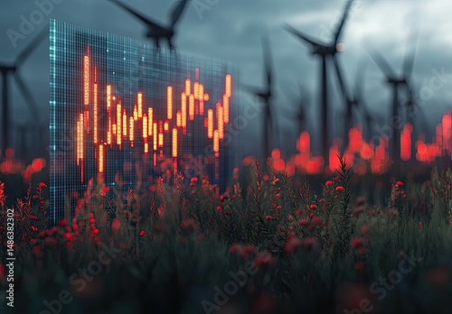 Digital stock chart displayed over a field of wind turbines and vibrant red flowers.  Data visualization in a renewable energy setting