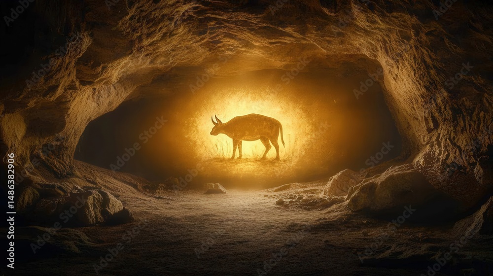 Fototapeta premium Mystical cave with a glowing silhouette of a deer.