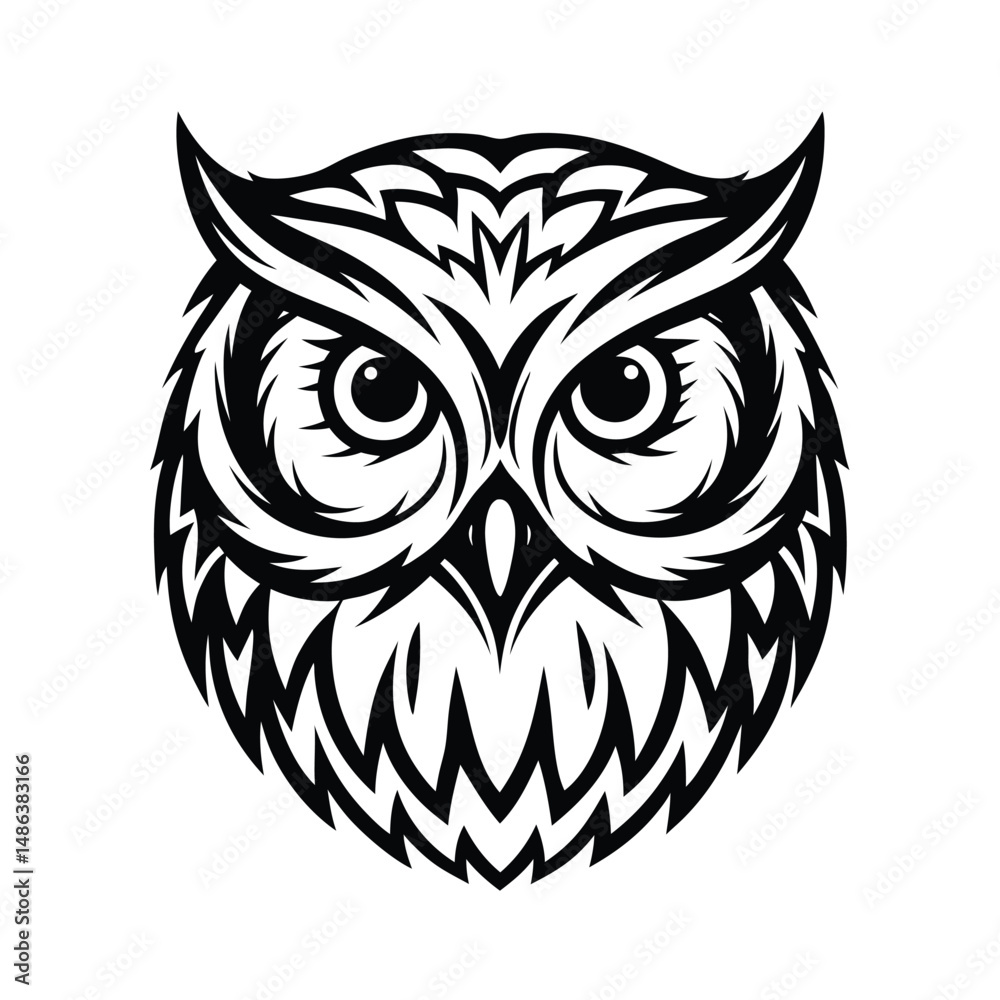 Fototapeta premium Stylized Owl Portrait, Black and White Design, Sharp Feathers, Bird Icon, Isolated