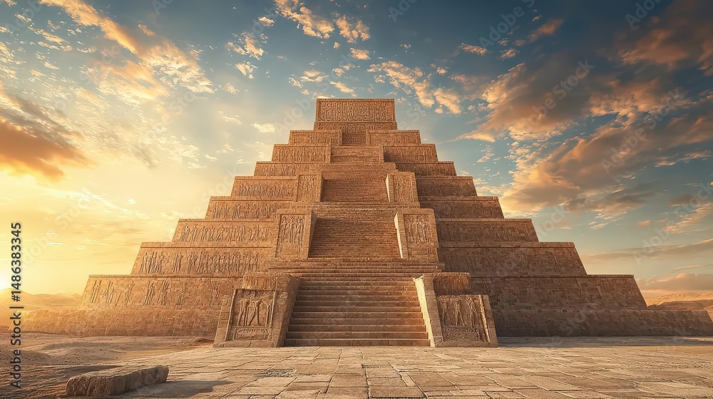 Fototapeta premium Ancient pyramid under a dramatic sky at sunset.