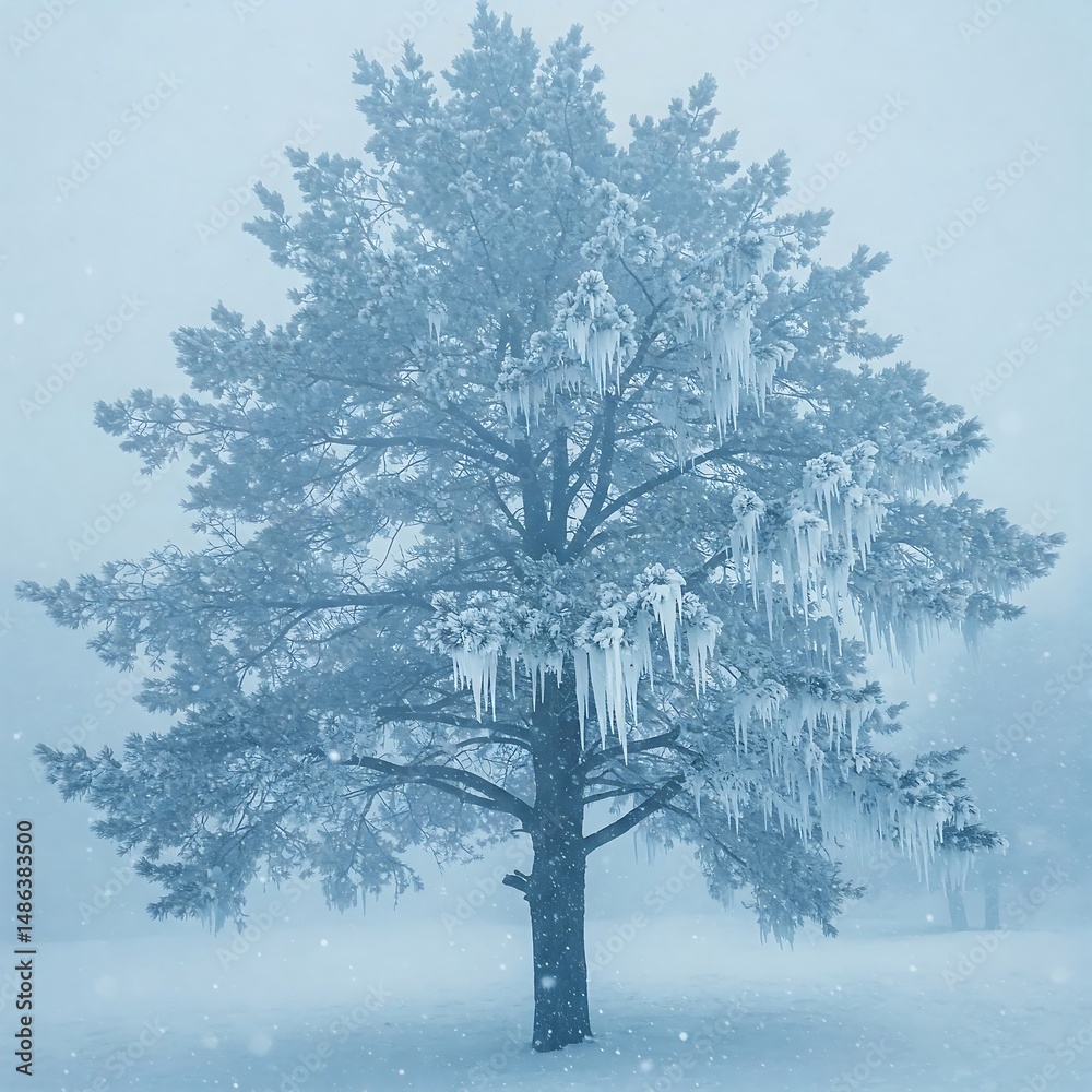 custom made wallpaper toronto digitalIcicles gently forming on large pine tree with soft snow falling in tranquil layered watercolor forest background